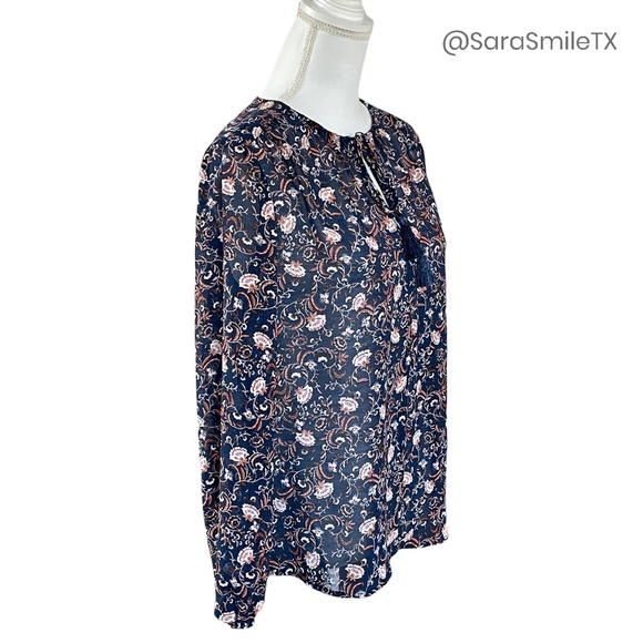 WAYF Navy Floral Print Tassel Tie Long Sleeve Peasant Top - Picture 9 of 11